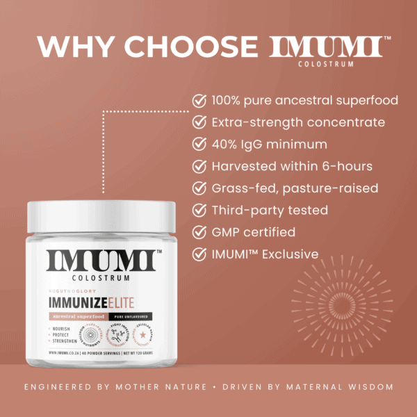 A jar of IMUMI Immunize Elite Bovine Colostrum Powder, showcased against a clean background, highlighting its status as a 100% pure ancestral superfood. Key product features such as high IgG concentration, grass-fed source, and third-party testing are emphasised, making it a superior choice for those seeking potent colostrum benefits.