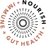 Graphic text reading 'Immune + Gut Health' curved around a symbol, highlighting the powerful benefits of IMUMI Bovine Colostrum Powder. This product is essential for nourishing the immune system and promoting optimal gut health.