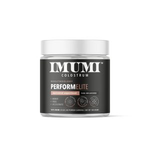 Front view of the IMUMI Perform Elite Colostrum Powder jar designed for athletes. The packaging is sleek, with metallic black and silver colour themes and includes symbols representing the product's benefits like boosting stamina, fuelling energy, and accelerating recovery. This colostrum supplement is tailored for those seeking performance enhancements in their athletic routines.