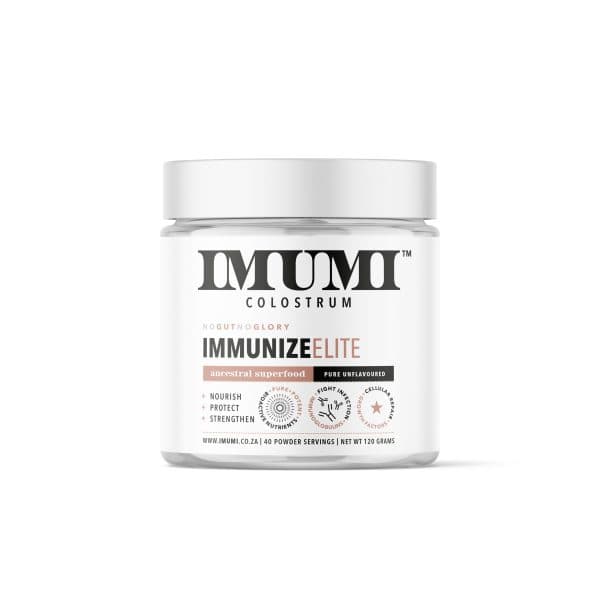 Front view of IMUMI Immunize Elite unflavoured Colostrum Powder bulk jar. The packaging features a clean, white design with prominent branding and icons illustrating the health benefits such as nourishment, protection, and cellular strength, ideal for boosting immunity.