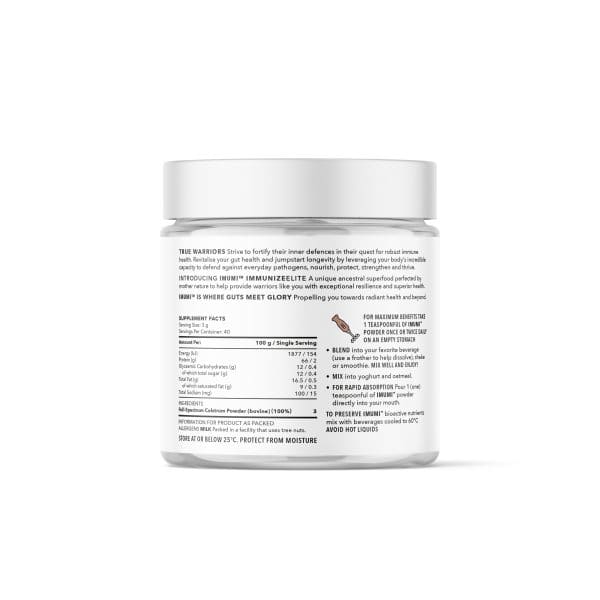 Detailed nutritional label on the back of a jar of IMUMI Immunize Elite Colostrum Powder. The label includes supplement facts, ingredients, and usage instructions emphasising the immune support benefits of this ancestral superfood, crafted to nourish, protect, and strengthen the body.